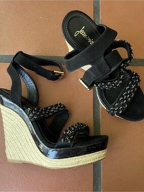 Black Beaded Espadrille Wedge Sandals